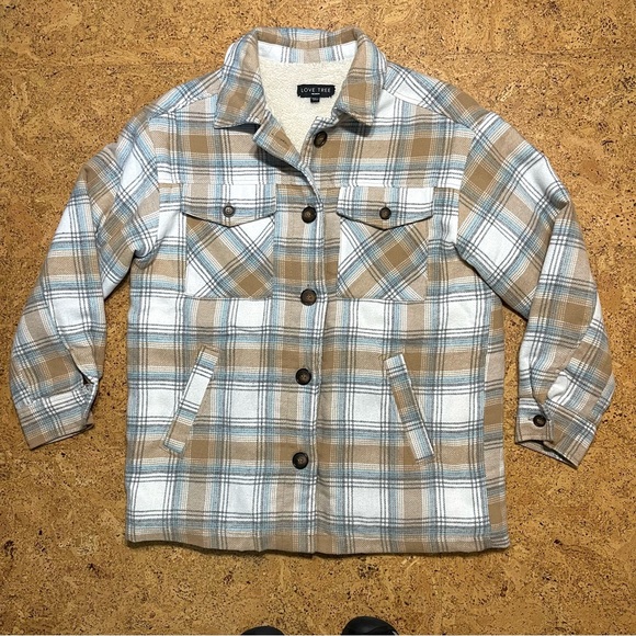Love Tree Sherpa Lined Flannel Plaid Button Chore Shacket Sz M - Picture 7 of 14